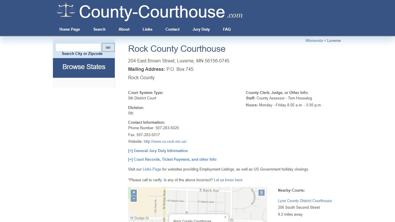 Rock County Courthouse in Luverne, MN - Court Information
